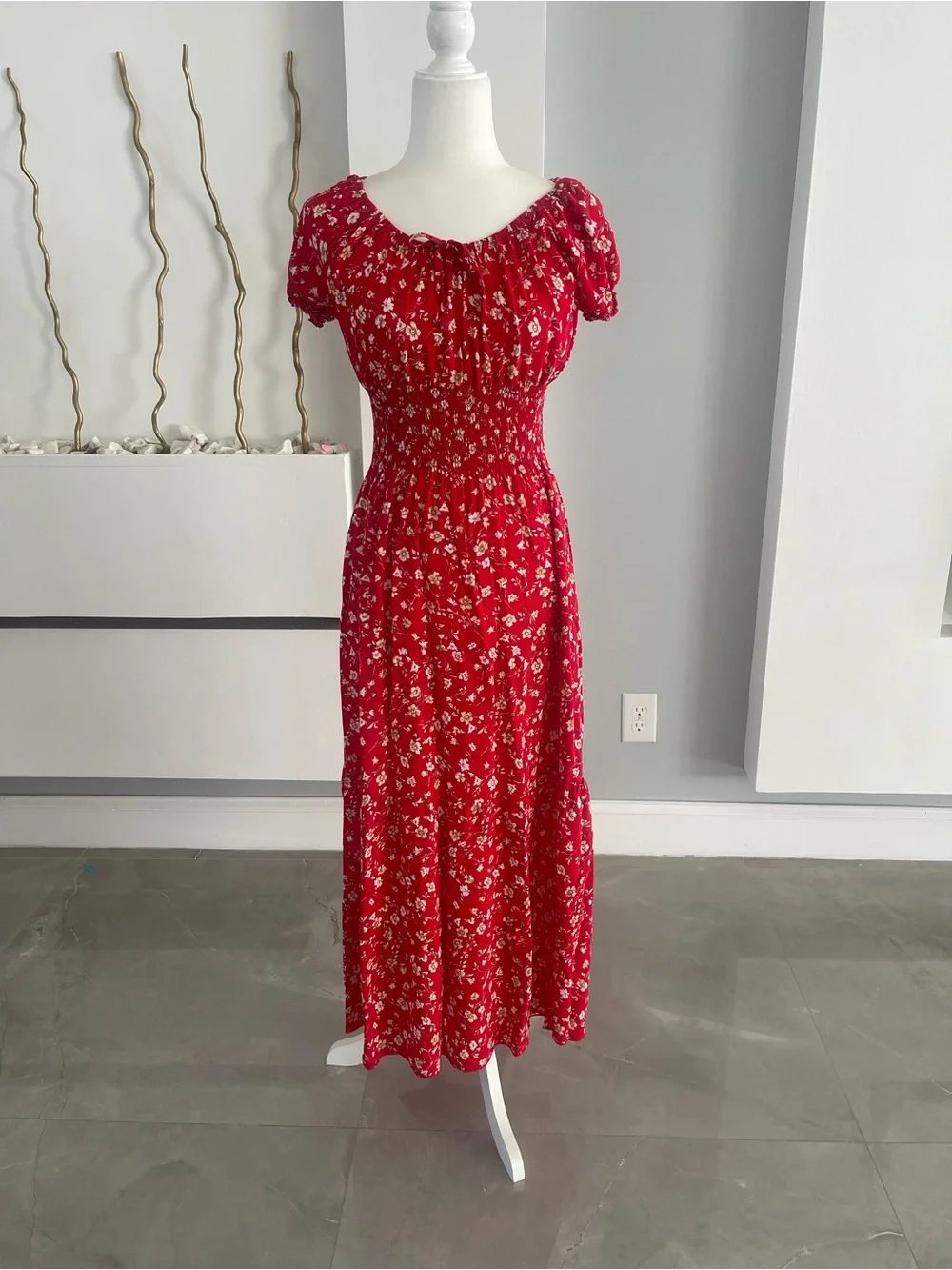 Anthropologie Red Floral Midi Dress with Puff Sleeves